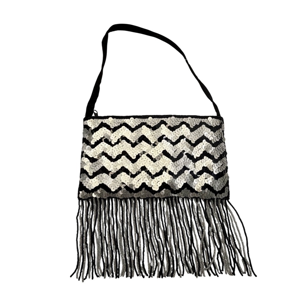 Silver Sequin Chevron Beaded Fringe Evening Bag Black Satin Shoulder Clutch NEW